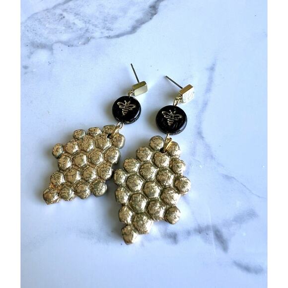 Handmade Polymer Clay Earrings Handcrafted Artwork Bee Honeycomb - Picture 4 of 5